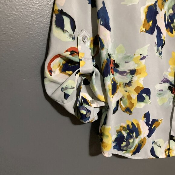 The Limited Size M Button Up Blouse Floral Blue Grey Yellow Long Sleeve Flowy - Picture 9 of 9